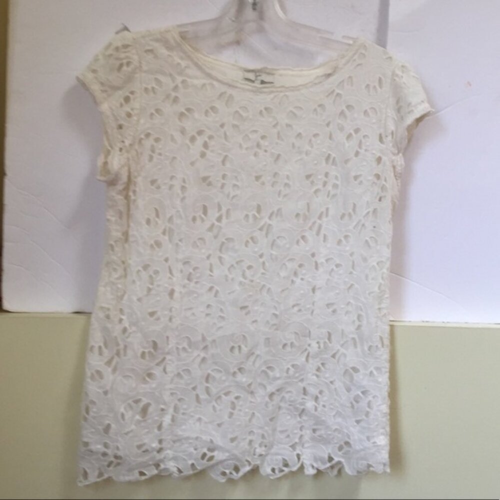 Joie Eyelet Lace Shirt Short Sleeve Crew Top Blouse Neutral White Lined Sheer S - Picture 2 of 14